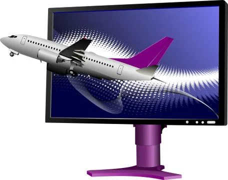 Blue dotted background with Flat computer monitor with passenger plane. Displ Stock Illustration