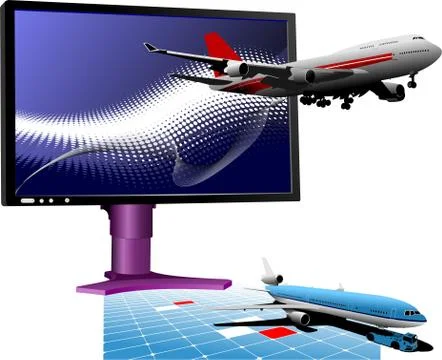Blue dotted background with Flat computer monitor with passenger plane. Displ Stock Illustration