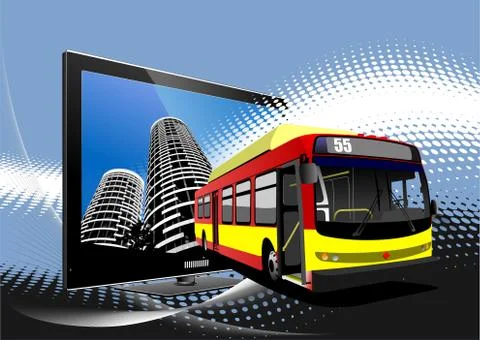 Blue dotted background with Flat computer monitor and bus image. Vector illus Stock Illustration