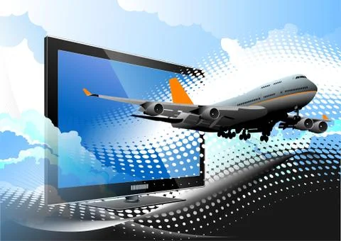 Blue dotted background with Flat computer monitor with passenger plane. Displ Stock Illustration