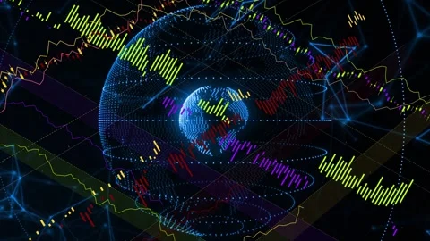 Blue dotted globe appearing, outer shell forming, rings spiraling, waves Stock Footage 335465751
