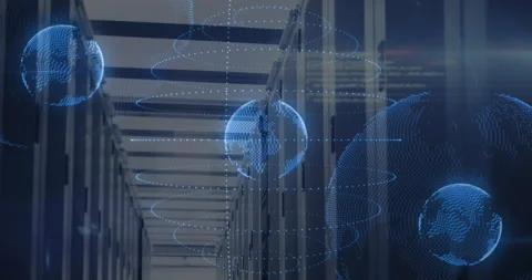 Blue dotted globe rotating above server racks in data center, showing network Stock Footage 307441162