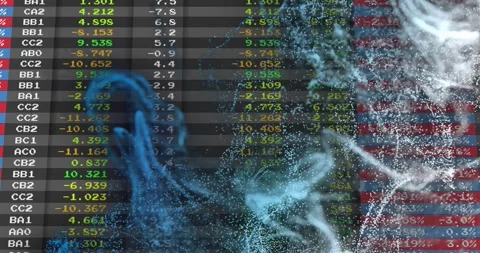 Blue dotted mesh appearing left, point cloud spreading over numeric dashboard, Stock Footage 333833238