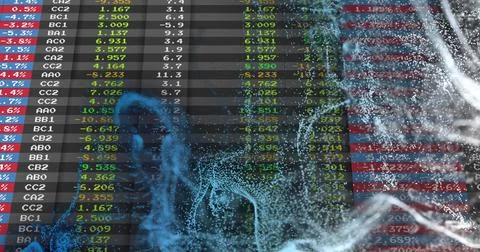 Blue dotted mesh appearing left, point cloud spreading over numeric dashboard, Stock Illustration