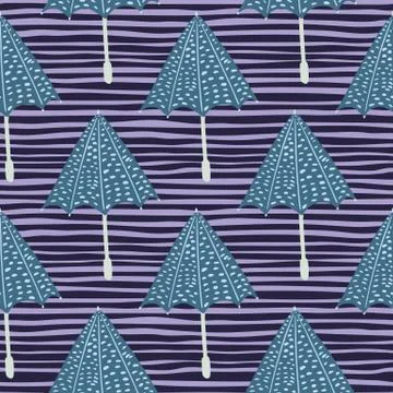 Blue dotted umbrella elements seamless pattern. Purple striped background. Au 스톡 일러스트