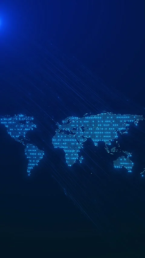 Blue dotted world map background with glowing continents, diagonal data trails, Stock Footage 340551662