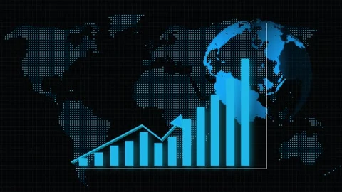 Blue Dotted World Map Globe and Growing Bar Chart Data Visualization earth .. Stock Footage 331874790