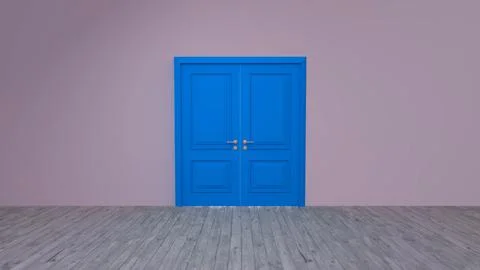 Blue double door standing out against a pale purple wall in empty room Ilustración de archivo