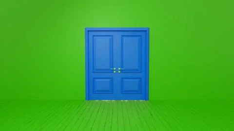 Blue double door standing out against green wall and floor Stock Illustration