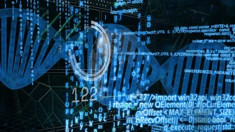 Blue double-helix rotating and translating in virtual lab interface with gauge Stock Footage 332522805
