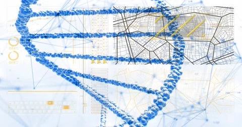 Blue double helix rotating translating on frame two, map fading in, UI sliding, Stock Footage 329471697