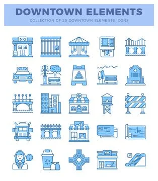 Blue downtown element icons on white background Ilustración de archivo