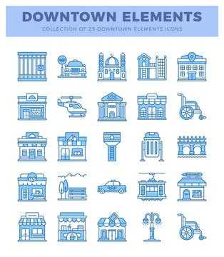Blue downtown element icons on white background Ilustración de archivo