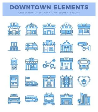Blue downtown elements icons collection. 스톡 일러스트