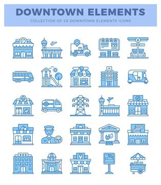 Blue downtown elements icons. 스톡 일러스트