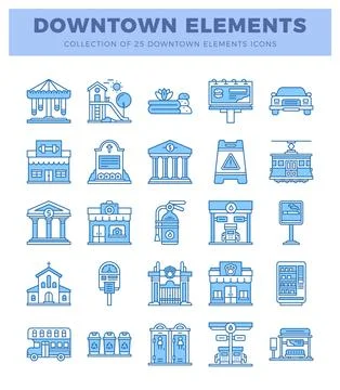 Blue downtown elements icons on white. 스톡 일러스트