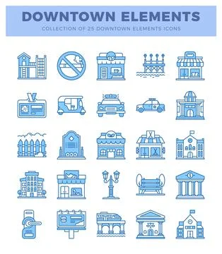 Blue downtown icon set on white background. illustrations. Ilustración de archivo