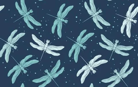 Blue dragonfly seamless pattern. Vintage retro illustration. Hand drawn vector Stock Illustration
