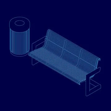 Blue drawing of a bench and trash can. The bench is made of wood and is placed Stock Illustration