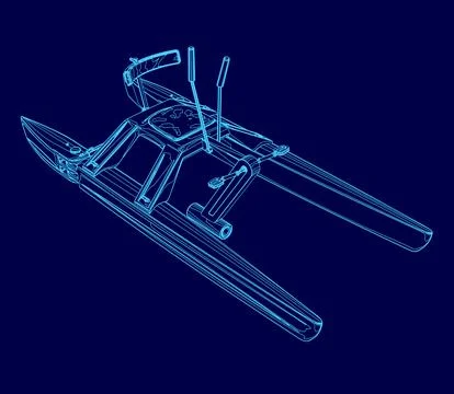 Blue drawing of a boat with a blue background. The boat is shown in a very Stock Illustration