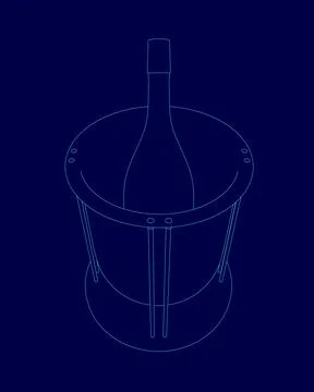 Blue drawing of a bottle with a stem. The bottle is sitting on a table Stockillustratie