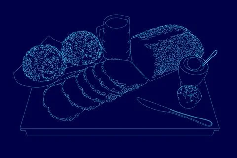 Blue drawing of bread and other food items. The bread is sliced and arranged on Stock Illustration