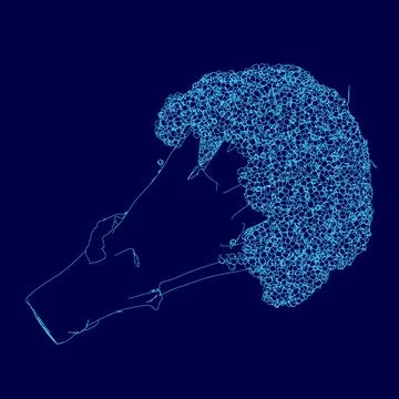 Blue drawing of a broccoli. The drawing is abstract and has a futuristic feel to Stock Illustration