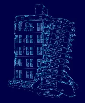 Blue drawing of a building with a collapsed section. The drawing is in blue and Ilustración de archivo
