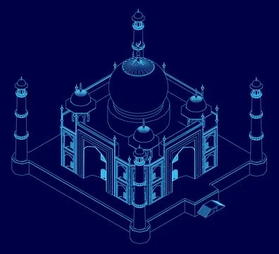 Blue drawing of a building with a dome on top. The building is a palace and has Ilustração Stock