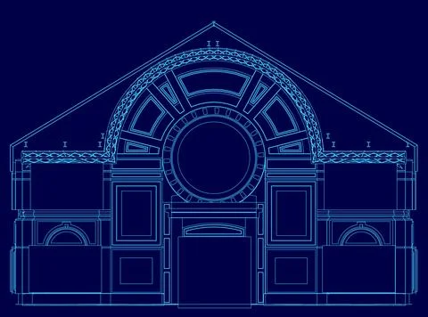 Blue drawing of a building with a large round window. The drawing is in blue and Stock Illustration