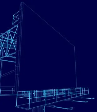 Blue drawing of a building with a large screen on the side. The building is tall Ilustración de archivo