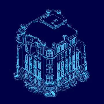 Blue drawing of a building with a lot of windows. The building appears to be in Ilustración de archivo