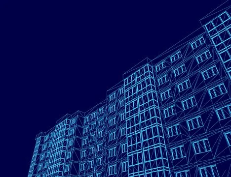 Blue drawing of a building with many windows. The building is tall and has a Ilustración de archivo