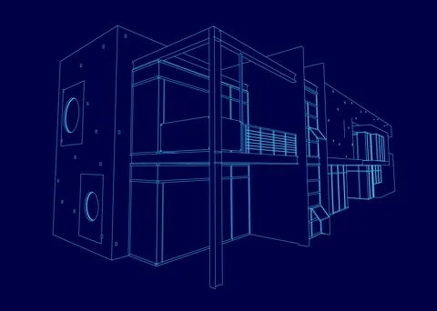 Blue drawing of a building with a window and a door. The drawing is in black and Ilustración de archivo