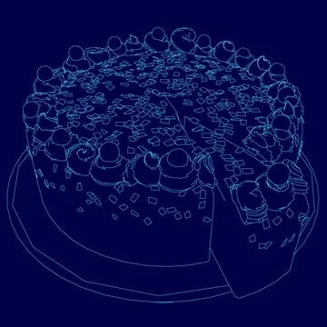Blue drawing of a cake with a slice missing. The cake is surrounded by a blue Stock Illustration