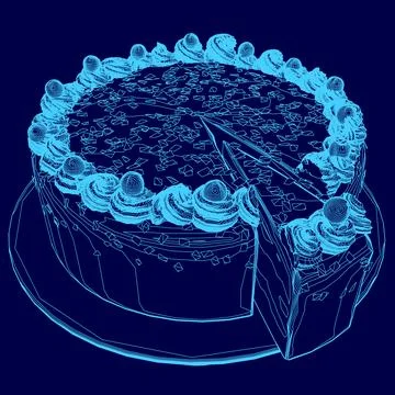 Blue drawing of a cake with a slice missing. The cake is decorated with frosting Stock Illustration