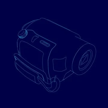 Blue drawing of a camera with a blue outline. The camera is a small, compact Stock Illustration
