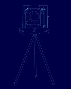 Blue drawing of a camera with a tripod. The camera is a vintage style and the Stock Illustration