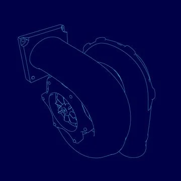 Blue drawing of a car engine with a black outline. The engine is a turbo and the Stock Illustration