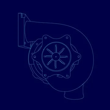 Blue drawing of a car engine with a large fan. The fan is surrounded by a circle Stock Illustration