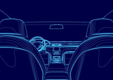 Blue drawing of a car interior with a steering wheel and a dashboard. Scene is Stock Illustration