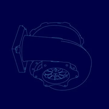 Blue drawing of a car turbo part of engine with a blue outline. The engine is a Stockillustratie