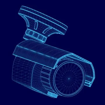 Blue drawing of a cctv camera with a blue lens. The camera is a security camera Stock Illustration