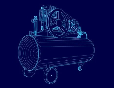 Blue drawing of a compressor. The compressor is a machine that is used to Stock Illustration