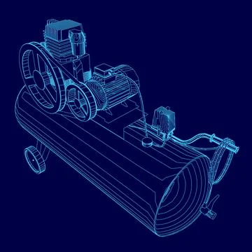 Blue drawing of a compressor. The compressor is shown in a 3D format, with the Stock Illustration