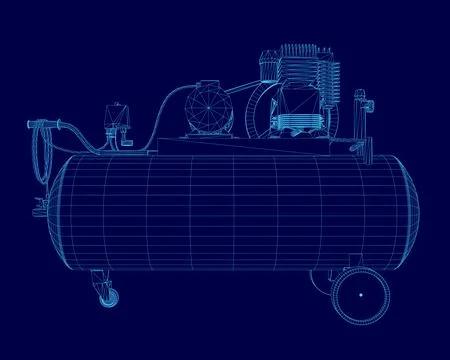 Blue drawing of a compressor. The compressor is shown in a 3D view. The Stock Illustration