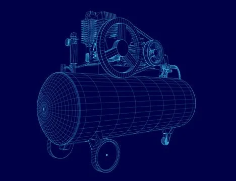 Blue drawing of a compressor. The compressor is shown in a 3D format, with a Stock Illustration