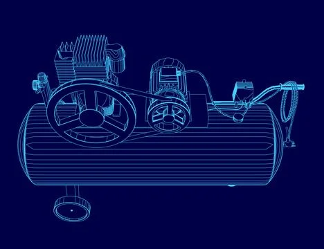 Blue drawing of a compressor with a engine. The compressor is shown in a 3D Stock Illustration