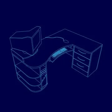 Blue drawing of a computer desk with a keyboard and mouse. The desk is designed Stock Illustration