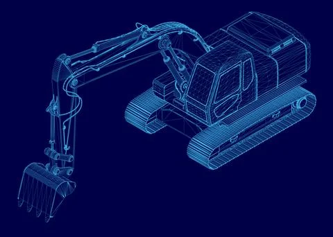 Blue drawing of a construction vehicle. The drawing is of a large machine with a 스톡 일러스트